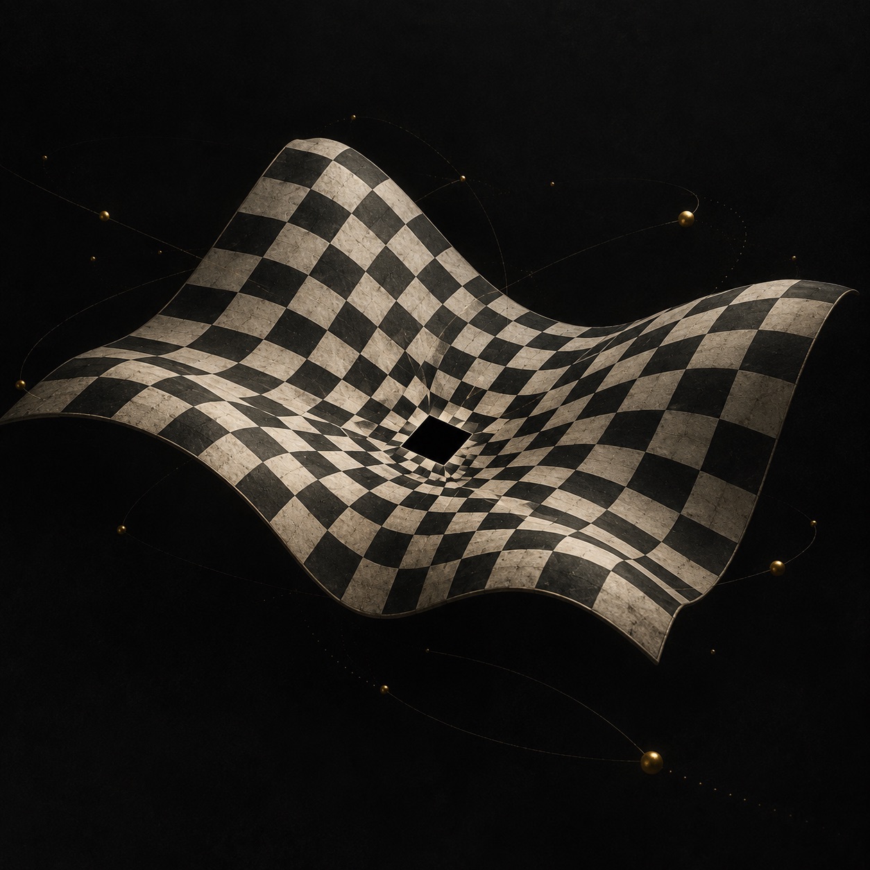 An ivory and black checkerboard bends into an impossible well around one empty black square, with sparse orbiting points of light.